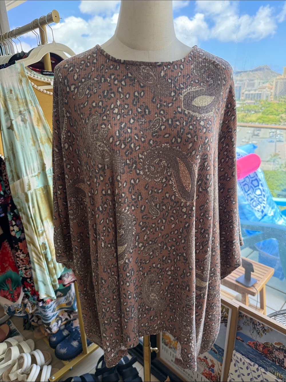 Cotton Bleu Woman’s  Brown Paisley & Leopard Print Long Sleeve Top